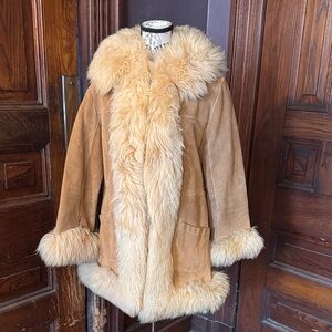 Suede Shearling Trim Coat in Camel